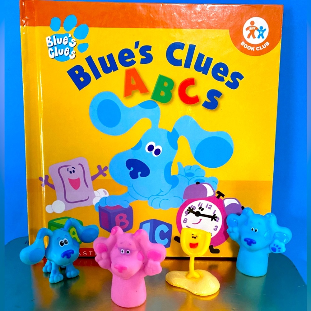 BLUE’S CLUES VINTAGE BUNDLE OF 4 ABC’S HARDCORE BOOK 2 FINGER PUPPETS & PVC TOY